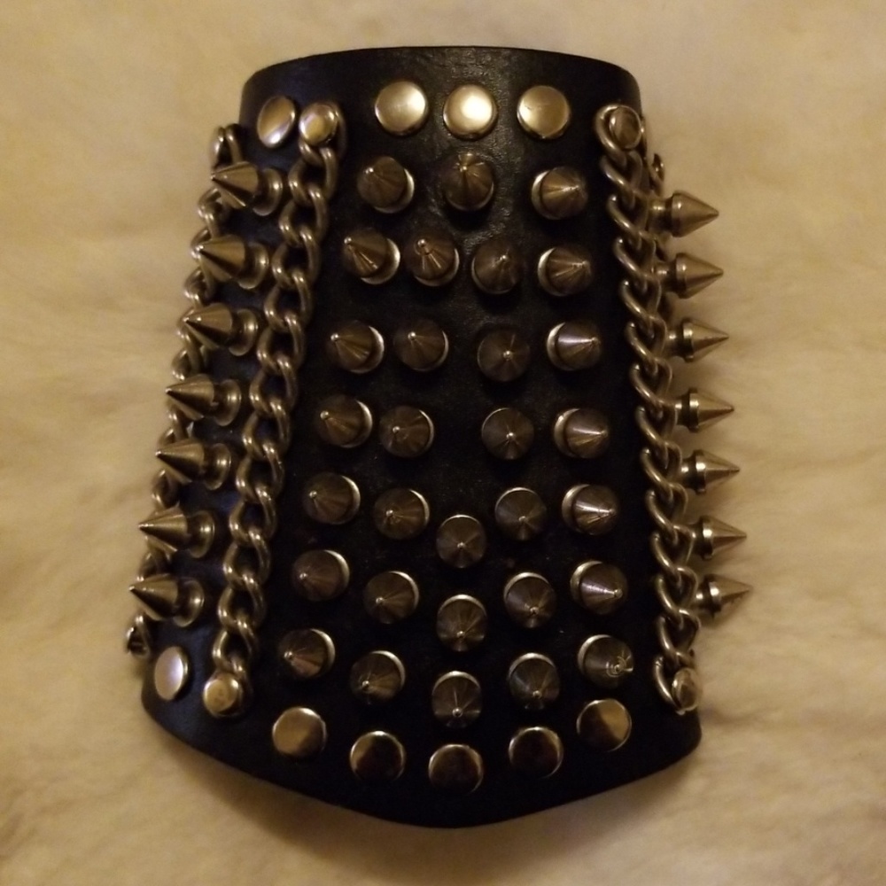 Spike Studs Black Leather Gauntlet Cuff Bracelet